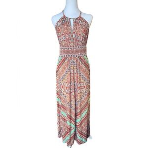 London Style Collection Boho Halter Maxi Dress Sz 4 Paisley Geometric Print NWT